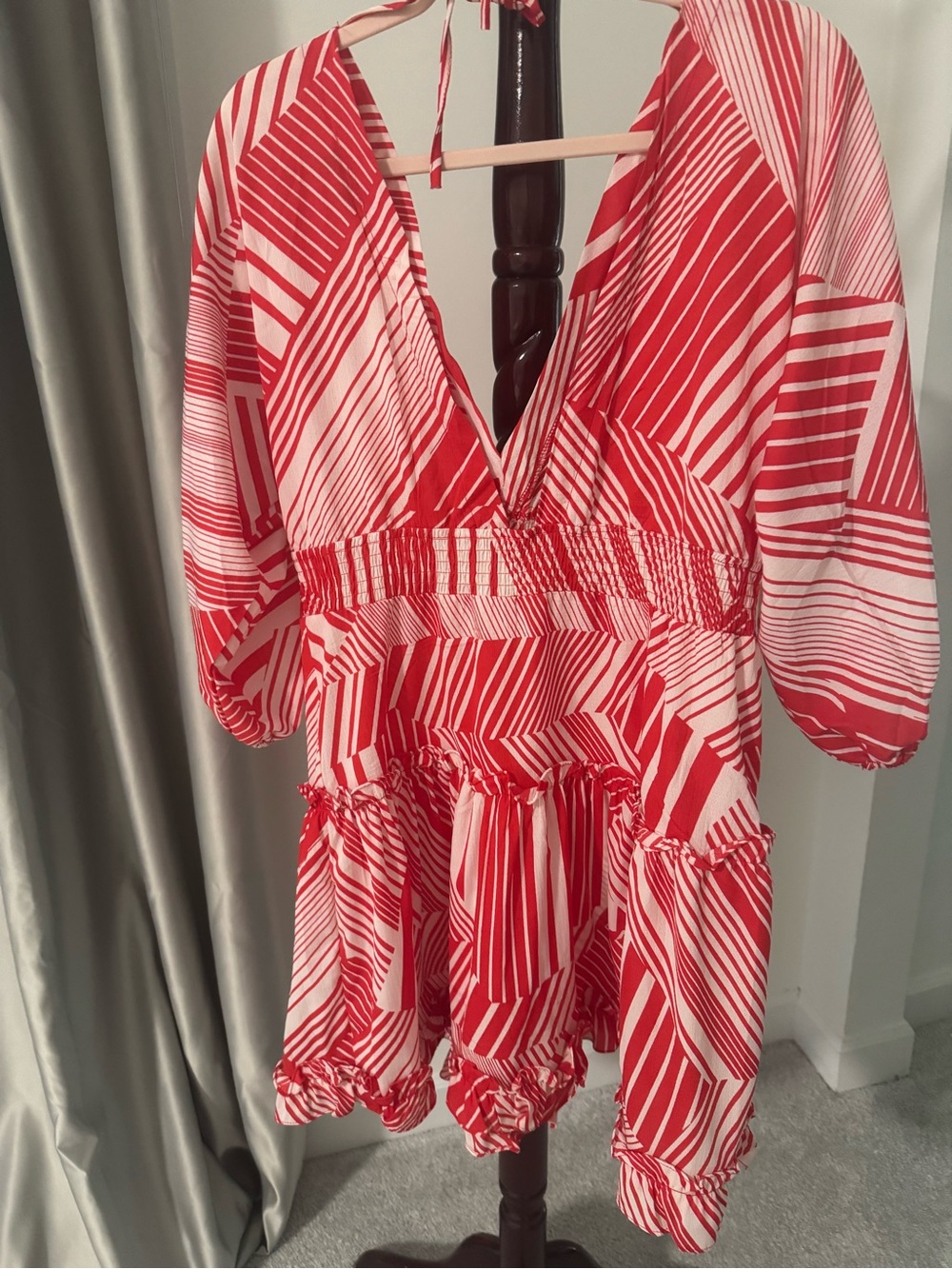 Neiman Marcus Red & White Striped V-Neck Women's Dress
